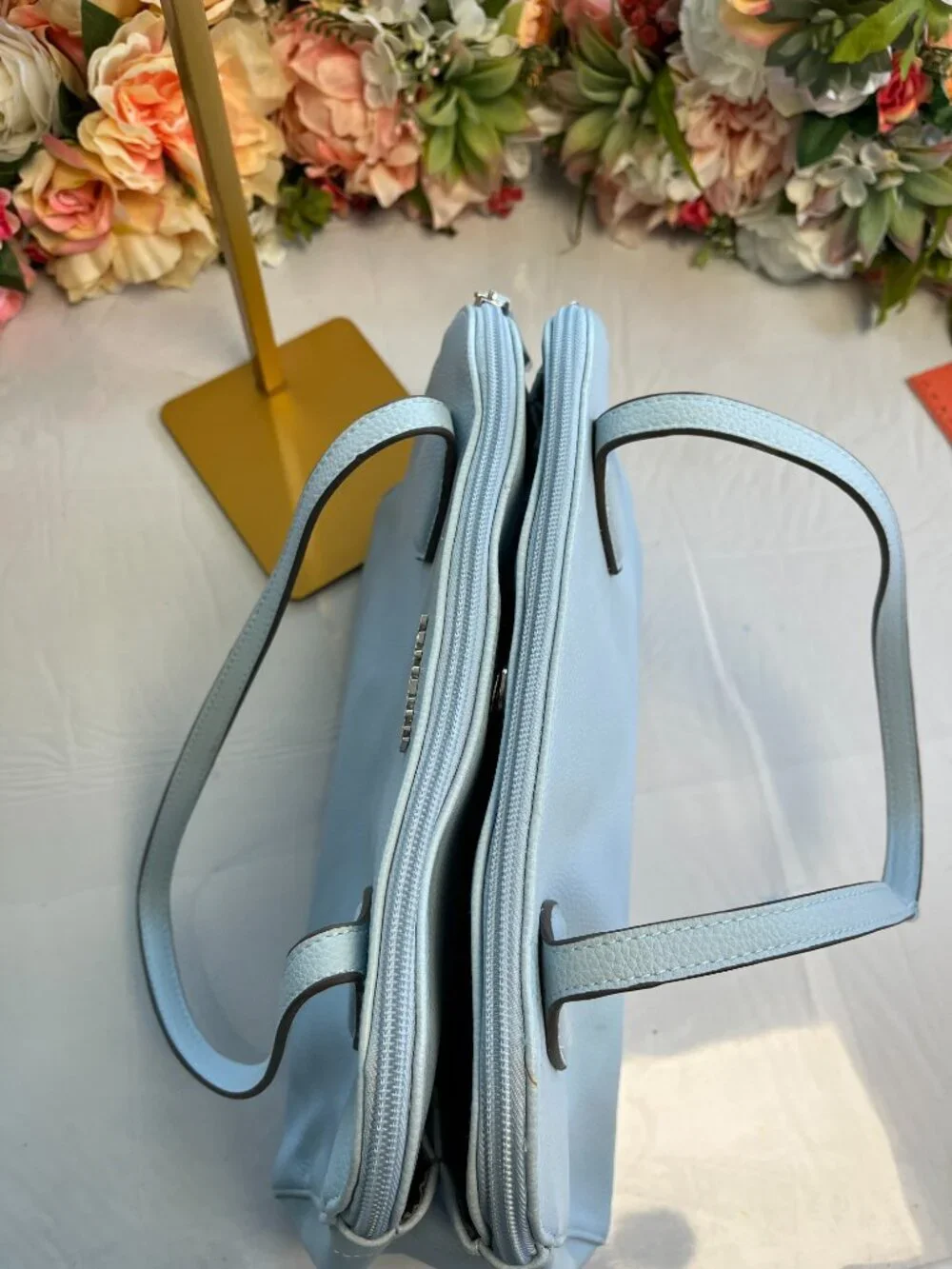 Kenneth Cole Reaction Light Blue Double Zip Shoulder Tote Handbag Faux Leather